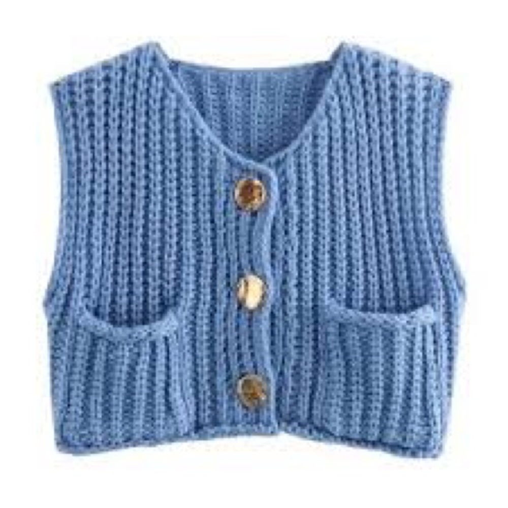 Blue Knit Cropped Vest with Buttons